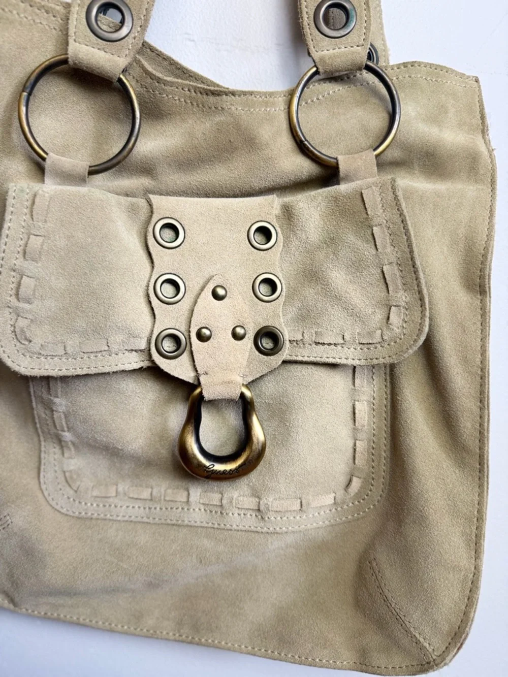Vintage Guess Suede Shoulder Bag Beige Boho Tassel Leather Y2K - Picture 10 of 14